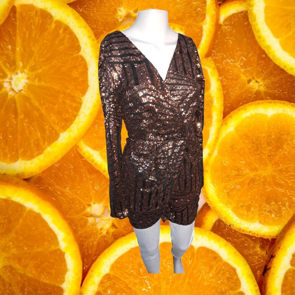 Banjul Women's Gold & Black Polyester Faux‎ Wrap Sequin Dress Size M